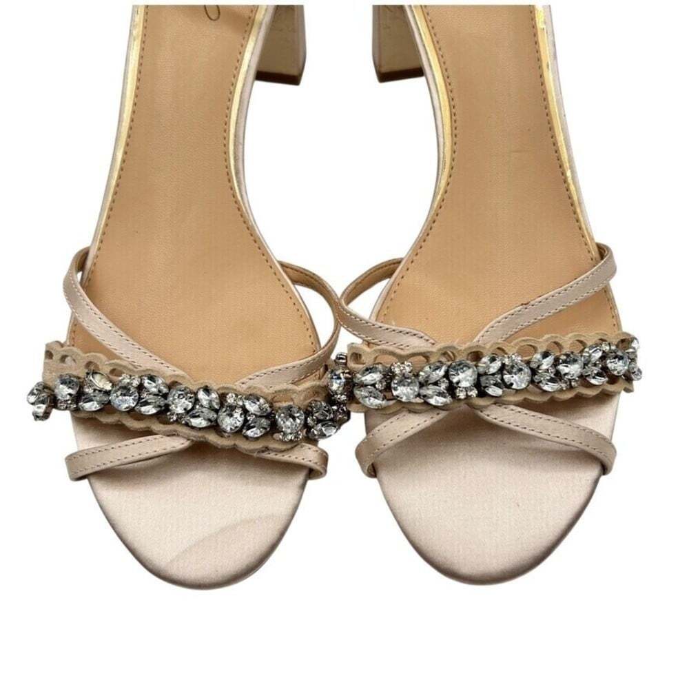 Jewel Badgley Mischka Champagne Satin Crystal Embellished Block Heels Size 8.5 - Picture 5 of 15